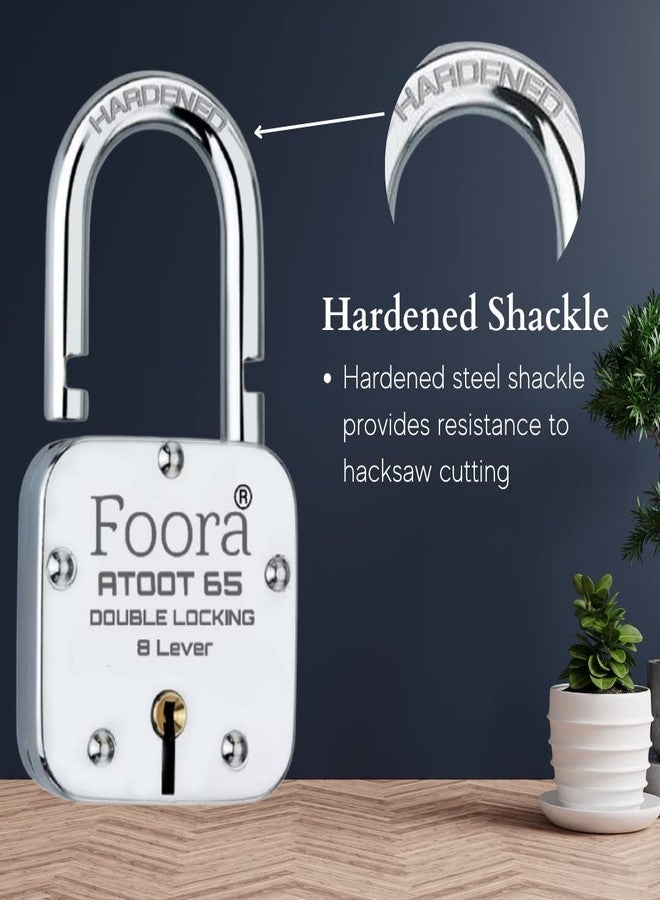 Foora New Atoot 65mm Lock | Metal Body | Double Locking | Hardened Shackle | 8 Steel Lever | 5 Silver Keys with Keychain | Silver Finsih | Pack of 2 | Made in India | Export in USA | Canada - Image 3